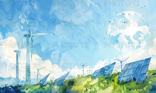 Watercolor illustration of Earth with wind turbines and solar panels, eco energy background AI generated