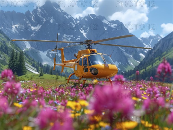 Gelber Hubschrauber in einer malerischen Berglandschaft mit einem bluehenden Feld, Rettungshubschrauber im Einsatz, AI generiert, AI generated