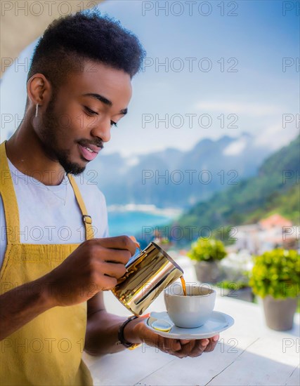 Young african Person in yellow apron brewing coffee on a balcony with magnificent mountain views, Vertical aspect ratio, AI generated