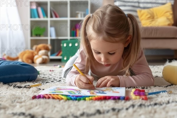 A preschool-aged girl lies on the floor and draws a picture with coloured pencils, AI generated, AI generated, AI generated