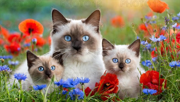 KI generated, animal, animals, mammal, mammals, cat, felidae (Felis catus), a cat and two kittens lying in a meadow, poppies and cornflowers