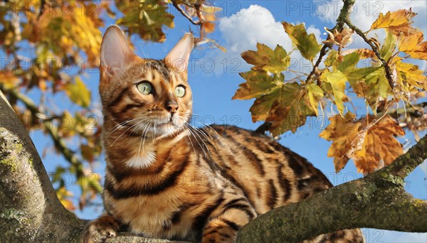 KI generated, animal, animals, mammal, mammals, cat, felidae (Felis catus), a cat resting on a branch in a tree, autumn