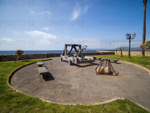 Old siege engine, fortress wall of Alghero, Sardinia, Italy, Europe