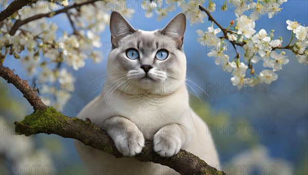 AI generated, animal, animals, mammal, mammals, cat, felidae (Felis catus), a cat resting on a tree, tree blossom, spring, summer