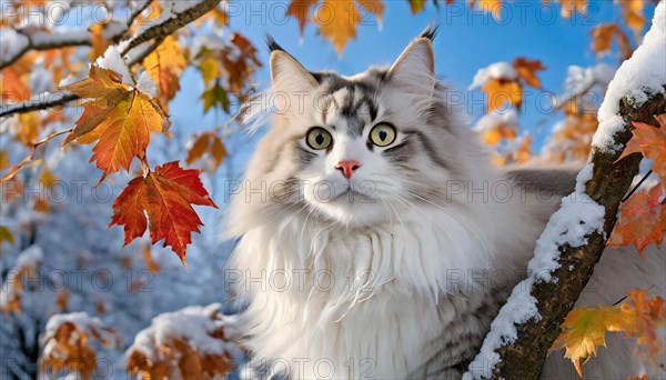 AI generated, animal, animals, mammal, mammals, cat, felidae (Felis catus), a grey and white American Forest Cat, sitting in a tree, autumn, autumn leaves, snow, onset of winter