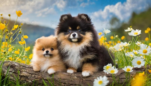 Ai generated, animal, animals, mammal, mammals, a, single animal, dwarf spitz, Spitz, (Canis lupus familiaris), dog, dogs, bitch, Pomeranians, a bitch and a puppy lying on a tree trunk in summer, flower meadow