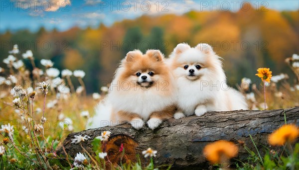 KI generated, animal, animals, mammal, mammals, one, single animal, dwarf spitz, Spitz, (Canis lupus familiaris), dog, dogs, bitch, Pomeranians, two cream-coloured puppies lying on a tree trunk, autumn, autumn leaves