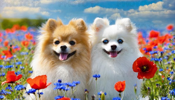 KI generated, animal, animals, mammal, mammals, dwarf spitz, Spitz, (Canis lupus familiaris), dog, dogs, bitch, Pomeranians, two animals lying in a meadow with poppies and cornflowers