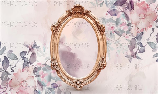 A gold frame with pink flowers on the wall. Abstract background with frame and space for text AI generated