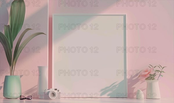 Flat background with blank poster mockup on pink wall AI generated