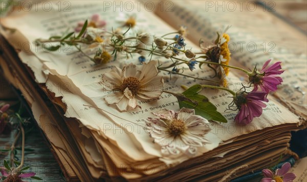 Close-up of wildflowers pressed between pages of an old book AI generated