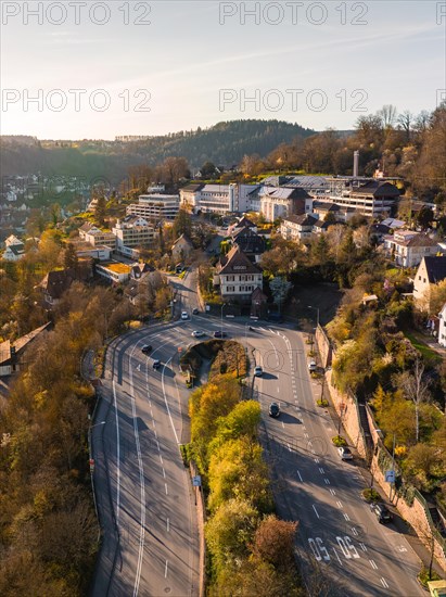Aerial view of a town on the edge of a forest on a clear sky day, Calw, Black Forest, Germany, Europe