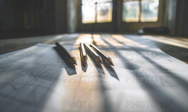 Graphite pencils and white paper illuminated by natural through a window AI generated