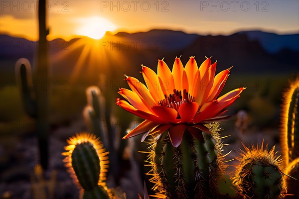 Saguaro cactus with vibrant flower in full bloom in early morning light, AI generated