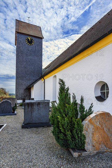 Church tower with clock and wooden shingles, Church of St Alexander and George, Memhoelz, Allgaeu, Swabia, Bavaria, Germany, Europe
