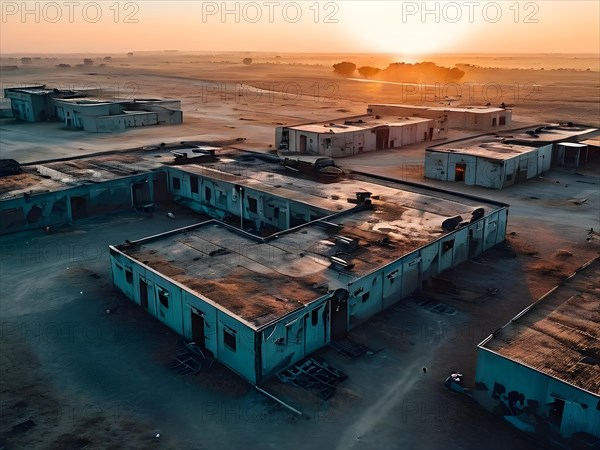 Aerial view of deserted military base featuring empty barracks and abandoned tanks in silent, AI generated