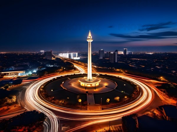 Circular trails of light from car headlights tracing movement around a city monument, AI generated