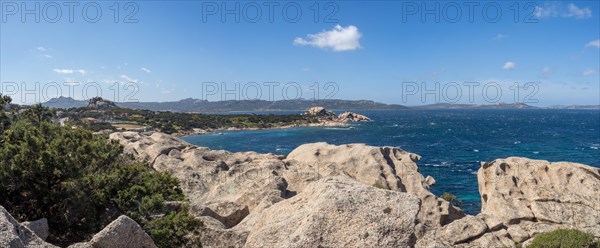 Typical granite rock formations in front of a bay, Baja Sardinia, Costa Smeralda, Sardinia, Italy, Europe