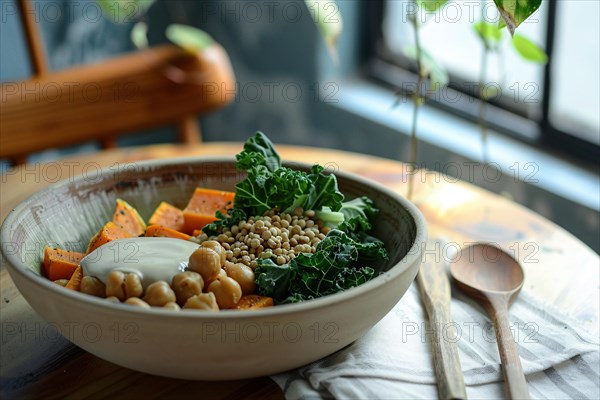 A nourishing bowl of greens, lentils, chickpeas, and sweet potato on a table with subtle lighting, AI generated