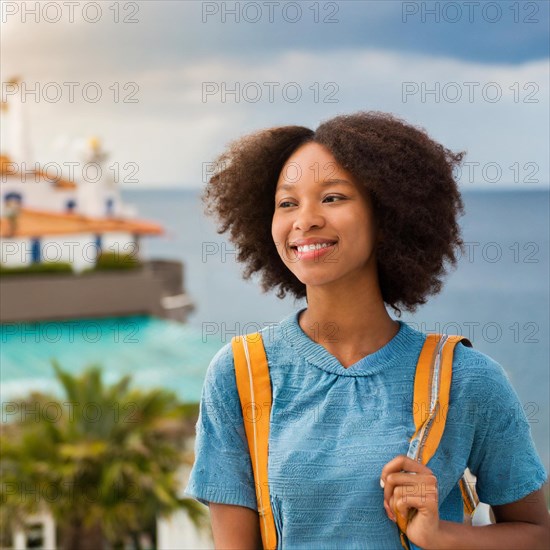Smiling woman with a backpack in casual attire stands before an ocean liner, exuding contentment, blurry moody landscaped background with bokeh effect, AI generated