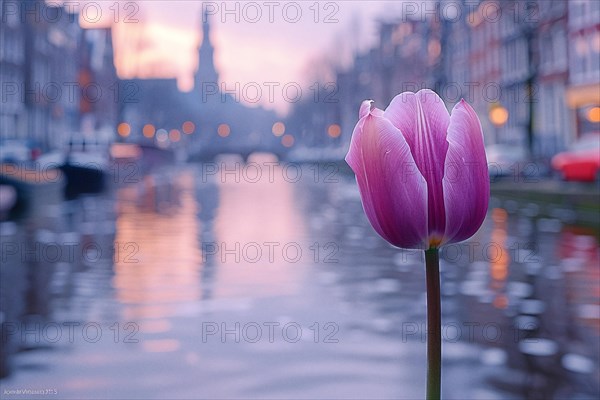 A single purple tulip against an evening canal scene with city lights reflecting on the water, AI generated