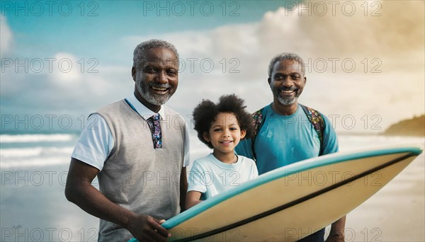 Happy family moment with a senior man and children smiling with a surfboard at the beach, 3 generation african american family holidays, AI generated