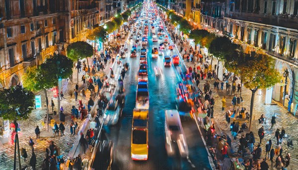 Night view of a vibrant city street bustling with vehicles and lights, rush hour commuting time, sunset, blurry cityscape, bokeh effect, AI generated