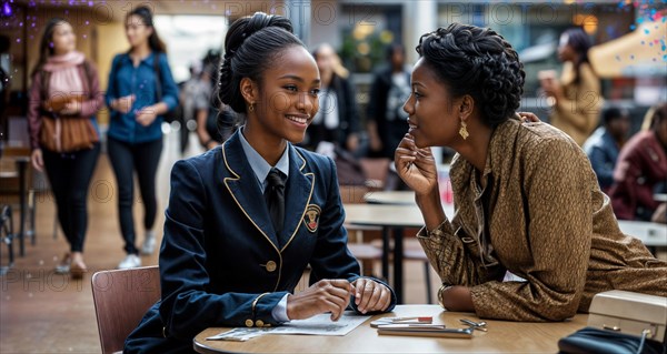 A woman in a school uniform having a focused discussion with a mentor, AI generated