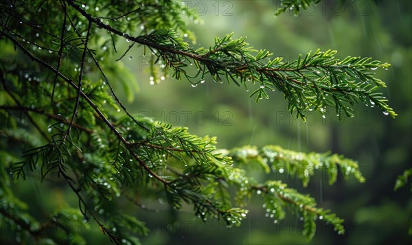 Closeup view on cedar branch in rain drops, bokeh background AI generated