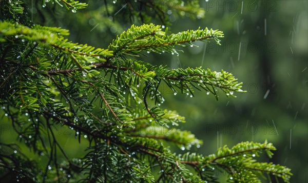 Closeup view on cedar branch in rain drops, bokeh background AI generated