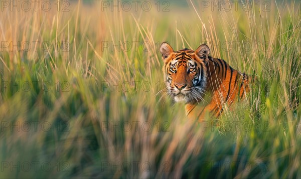 A Bengal tiger prowling through tall grass in its native habitat AI generated