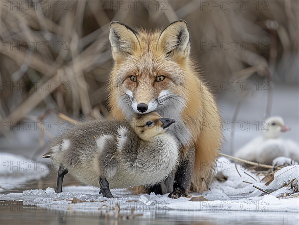 A fox looks after a duckling on snow-covered ground, AI generated, AI generated, AI generated