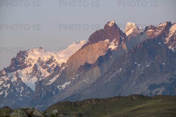 Andes mountain range, morning light, Torres del Paine National Park, Parque Nacional Torres del Paine, Cordillera del Paine, blue sky towers, Region de Magallanes y de la Antartica Chilena, Ultima Esperanza province, UNESCO biosphere reserve, Patagonia, end of the world, Chile, South America