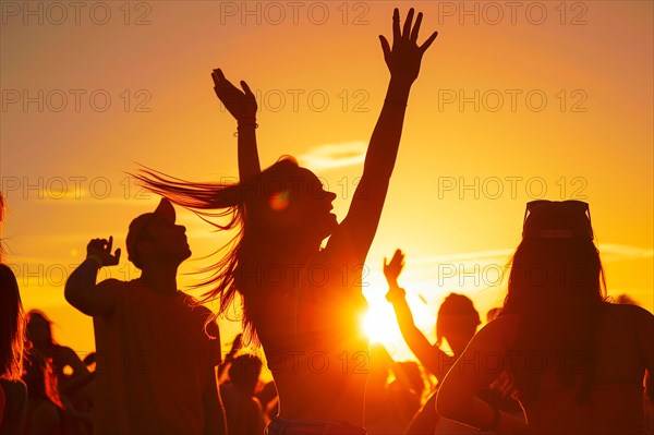 A group of people are dancing in the sun at a rock festival outdoors. Generative AI, AI generated