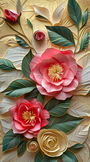 Ornate floral paper artwork with cream roses and red flowers over an embossed background, ai generated, AI generated