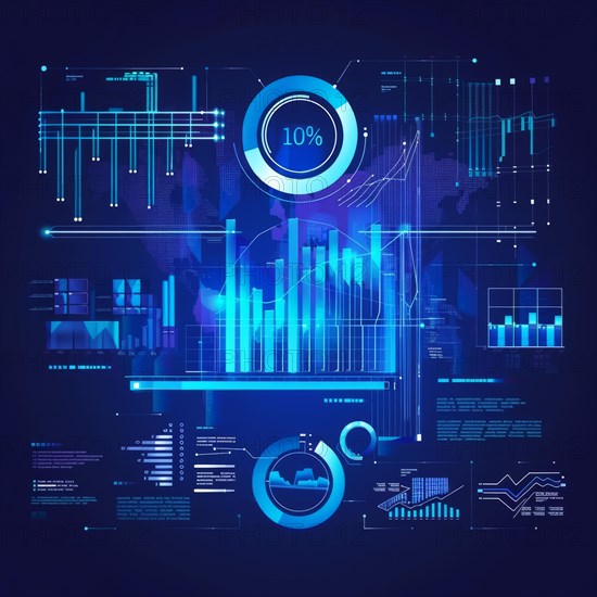 Futuristic digital analytics interface with various graphs and data visualizations in blue neon colors, ai generated, AI generated