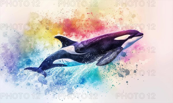 A watercolor depiction of an orca whale breaching the surface against a backdrop of vibrant ocean hues AI generated