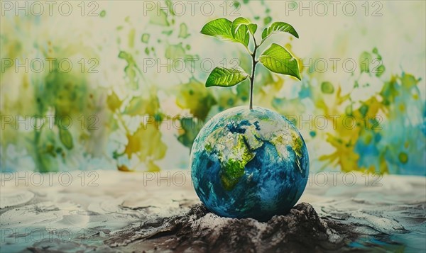 Vibrant watercolor painting of Earth with tree saplings growing on top AI generated