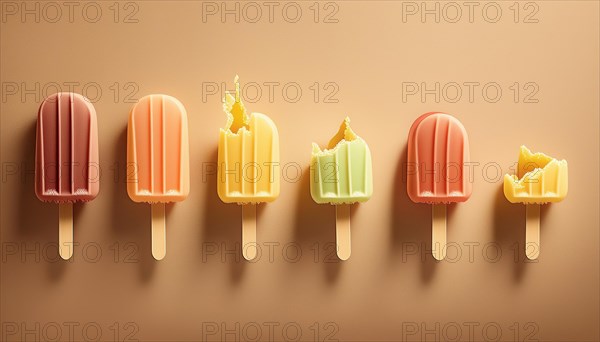 Soft pastel colored popsicles melting on a beige background, horizontal, AI generated