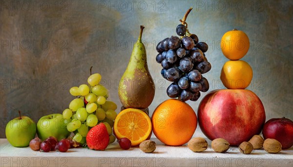 A classic still life composition with an assortment of realistic-looking fruits, horizontal, AI generated
