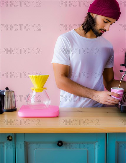A focused man in a white tee using a vibrant pink coffee machine on a teal cabinet, Vertical aspect ratio, AI generated