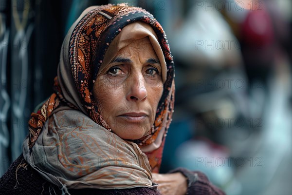 Poor woman with headscarf begging in street. KI generiert, generiert, AI generated