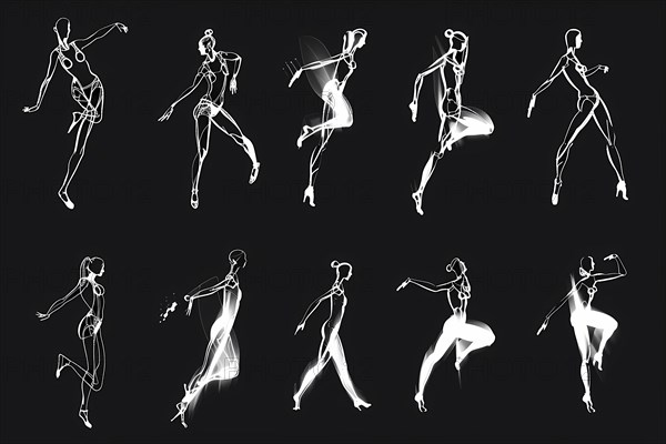 Sketch-like white line drawings of dancers in motion on black background, illustration, AI generated