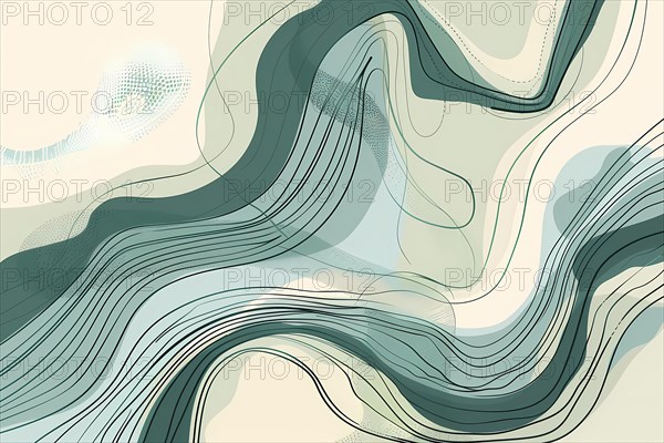 Abstract art with wavy lines in cool pastel tones creating a calm atmosphere, illustration, AI generated