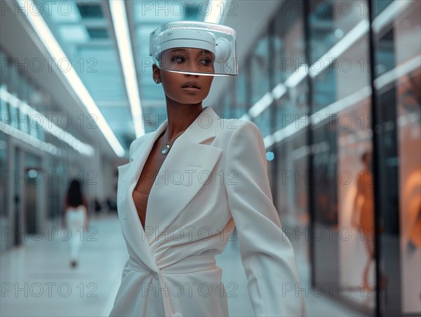 An elegantly dressed woman in a white suit with a VR headset in a minimalist setting, AI generated