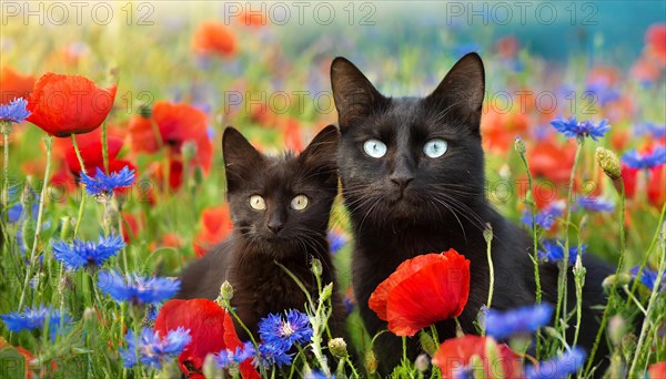 KI generated, animal, animals, mammal, mammals, cat, felidae (Felis catus), a cat with kitten lies in a flower meadow, two animals