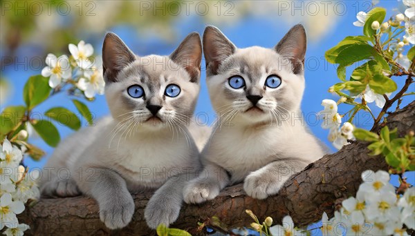 KI generated, animal, animals, mammal, mammals, cat, felidae (Felis catus), two kittens resting in a fruit tree, tree blossom, spring, summer