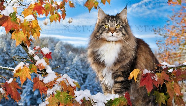 AI generated, animal, animals, mammal, mammals, cat, felidae (Felis catus), a colourful American Forest Cat, sitting in a tree, autumn, autumn leaves, snow, onset of winter