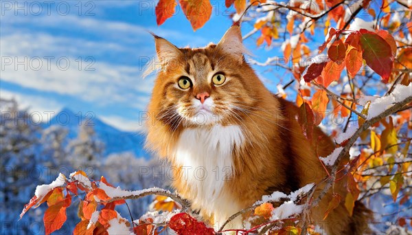 AI generated, animal, animals, mammal, mammals, cat, felidae (Felis catus), a red American Forest Cat, sits in a tree, autumn, autumn leaves, snow, onset of winter