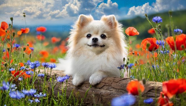 KI generated, animal, animals, mammal, mammals, one, single animal, dwarf spitz, Spitz, (Canis lupus familiaris), dog, dogs, bitch, Pomeranians, puppy, meadow, poppy and cornflowers